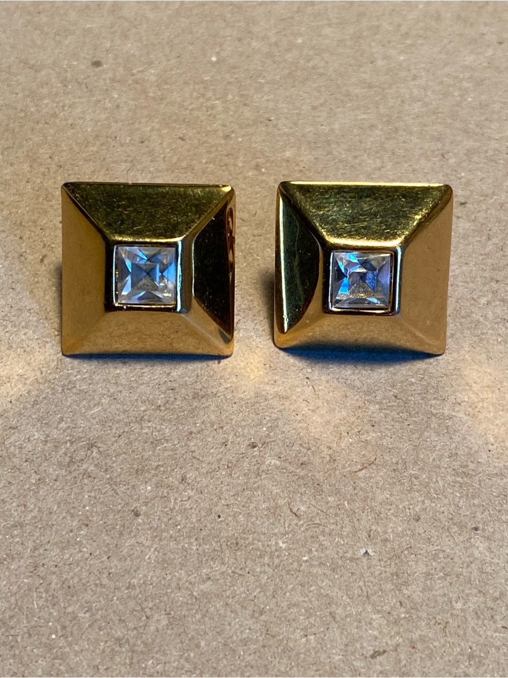 Gold Tone Square Stud Earrings with Clear Crystal Centers